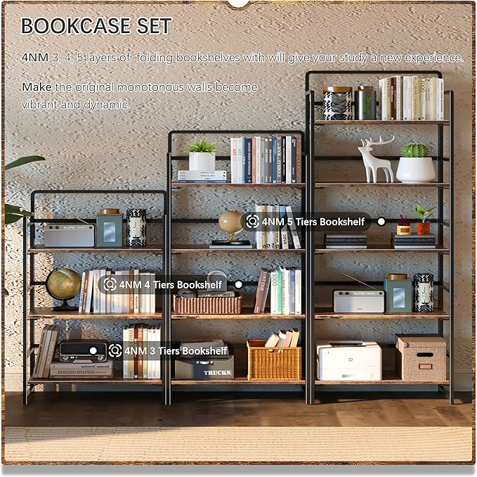 4NM No-Assembly 5 Tiers Folding Bookshelf Storage Shelves Vintage Bookcase - Image 5