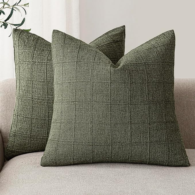 Foindtower Set of 2 Decorative Linen Check Throw Pillow Covers Neutral by Foindtower