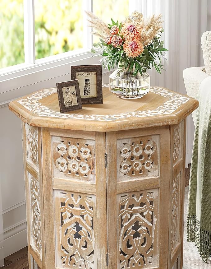 The Wooden Town Side Tables– Hand Carved Vintage Boho Folding End Tables - Image 3