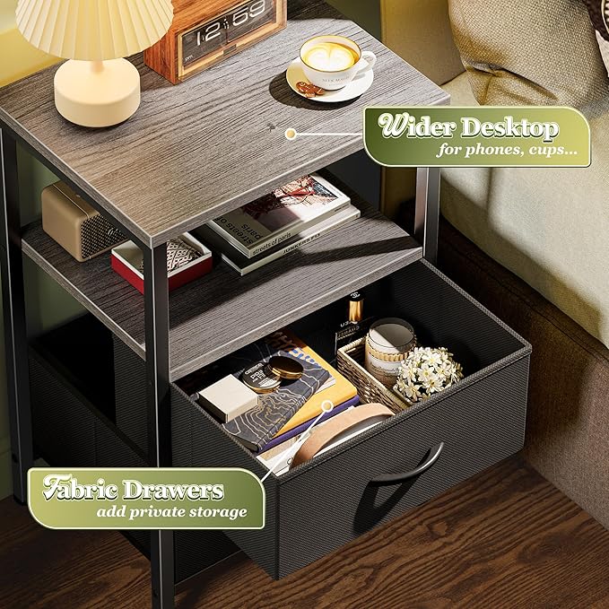 Huuger Night Stand with 2 Drawers, Bed Side Table with Open Shelf, Wooden Top - Image 5