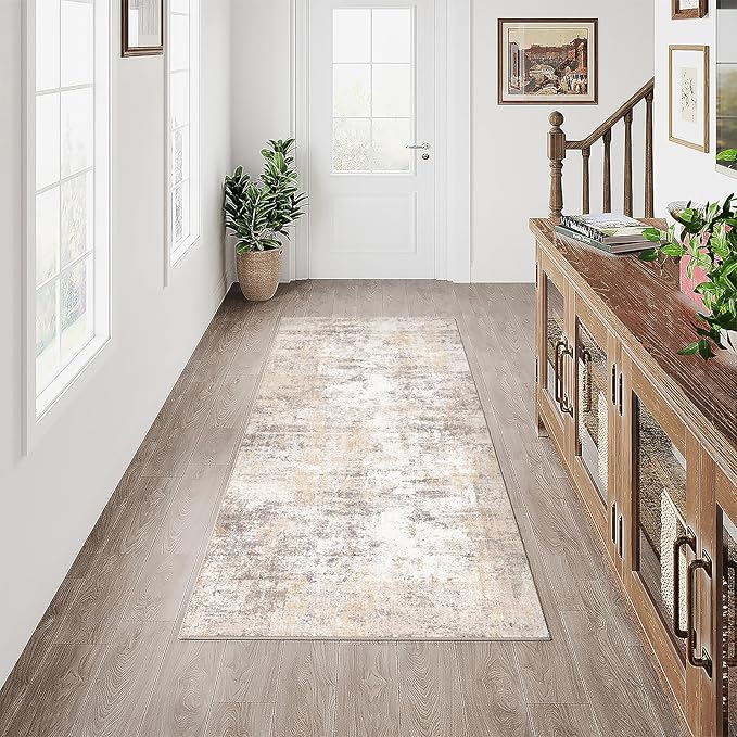 2x6 Washable Runner Rug Beige Grey Neutral Abstract Hallway Kitchen Living Room by WondRg