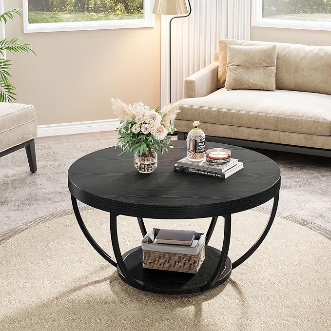 Tribesigns Black Round Coffee Table, 31.7" Modern 2-Tier Circle Coffee Table - Image 5