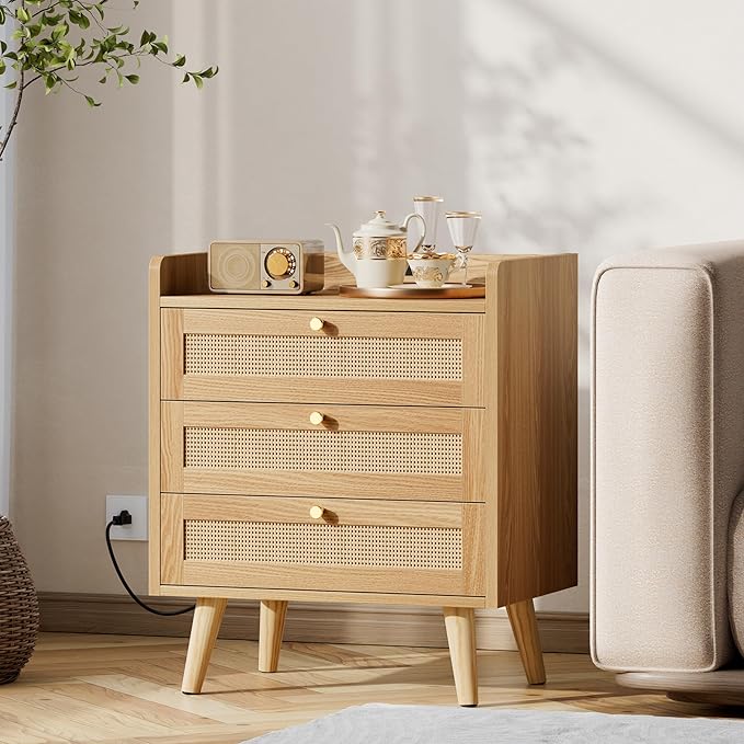 Rattan Nightstand with Charging Station, Night Stand with 3 Large Drawers - Image 6