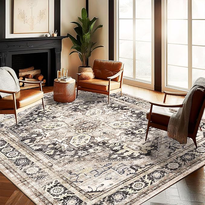 Washable Area Rug 10'x14' Black-Purple Khaki Retro Flowers Boho Design by CHAMPLANT