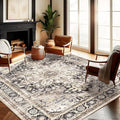 Washable Area Rug 9'x12' Black-Purple Khaki Retro Flowers Boho Design by CHAMPLANT