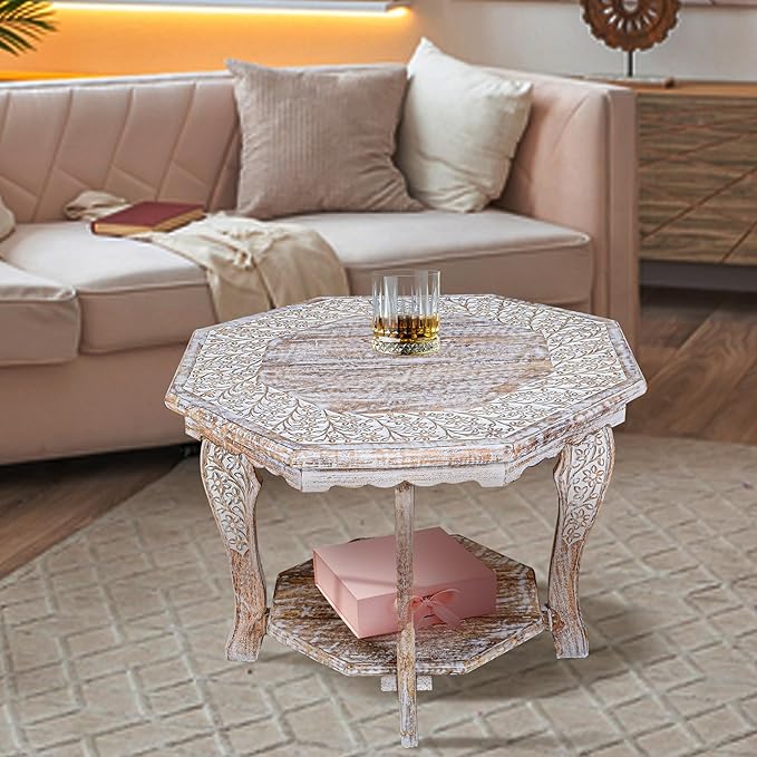 Farmhouse Carved Octagonal End Table – Rustic Accent Side Table - Image 5
