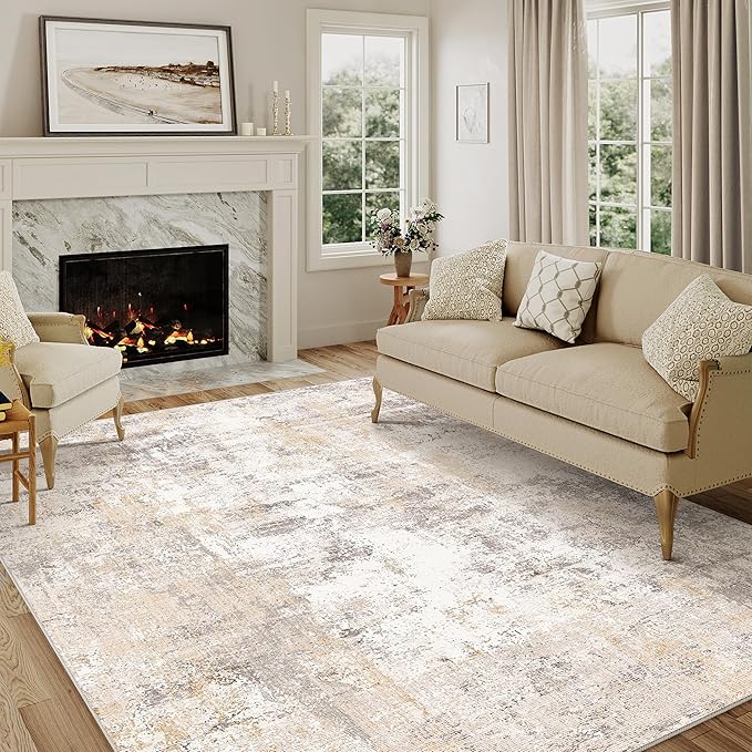 5x7 Washable Area Rug Beige Grey Neutral Abstract Living Room Bedroom Throw Rug by WondRg