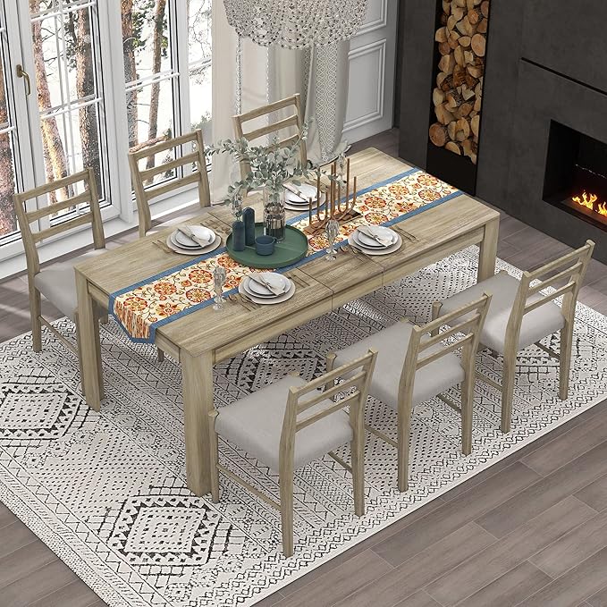 7-Piece Wooden Dining Set with Mutifunctional Extendable Table 12" Leaf and 2 by FAVSH