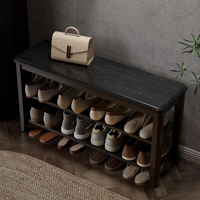 Wood Shoe Rack Bench for Entryway, 2 Tier Shoe Rack for Front Door Entrance by AQIMUELE-Solidwoodfurniture