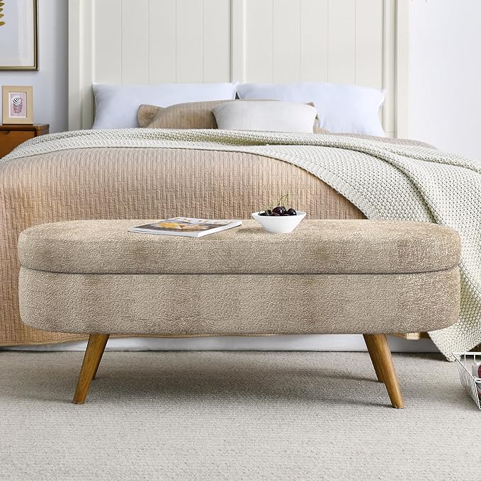 Oval Storage Bench 43.5" Linen Fabric Upholstered Entryway Bench - Image 3