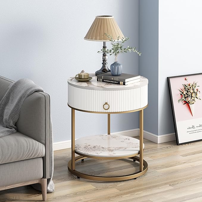 OIOG Round Side Table with Drawer, 2 Tier Night Stand with Shelf, Modern Side - Image 7