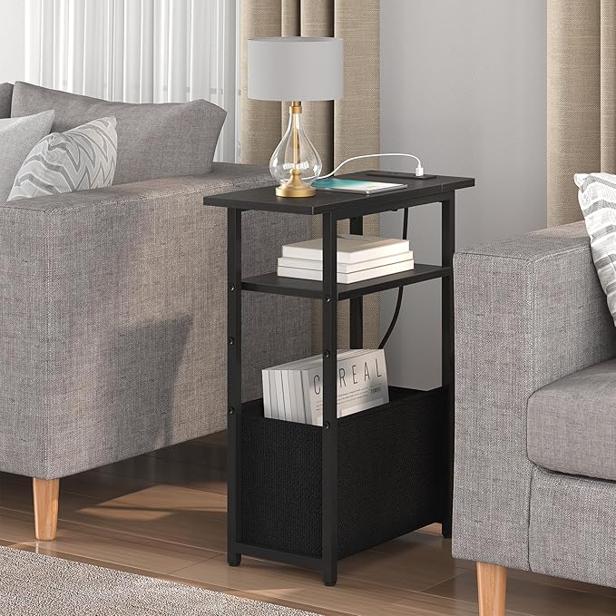 Narrow Side Table with Charging Station Set of 2, Small End Table - Image 2
