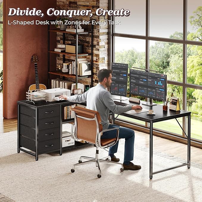 PRAISUN 61" L Shaped Desk with Power Outlets and USB-C Port, Reversible - Image 2