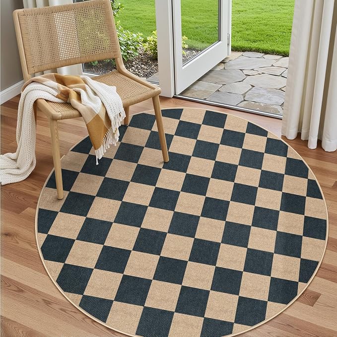 Lahome Checkered Round Rugs 6ft, Outdoor Patio Easy Jute Rug Indoor Outdoor by Lahome