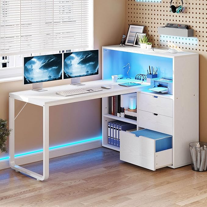 DWVO L Shaped Desk with Drawers, Home Office Desk with Storage Shelves - Image 3