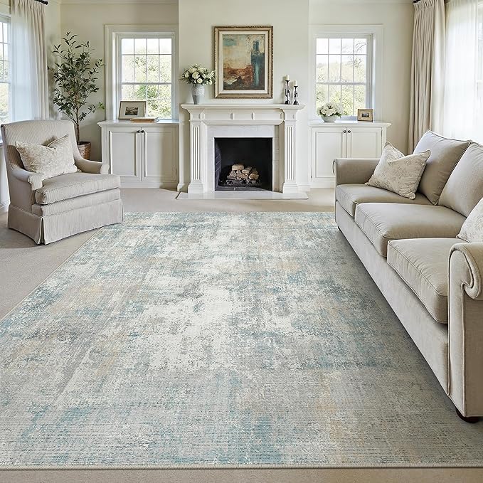 8x10 Washable Area Rug Blue Cream Modern Neutral Abstract Living Room Bedroom by WondRg