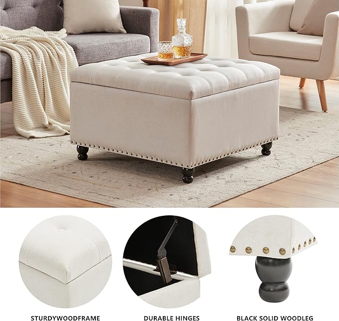 Tbfit Large Square Storage Ottoman Bench, Botton Tufted Upholstered Coffee Table - Image 6