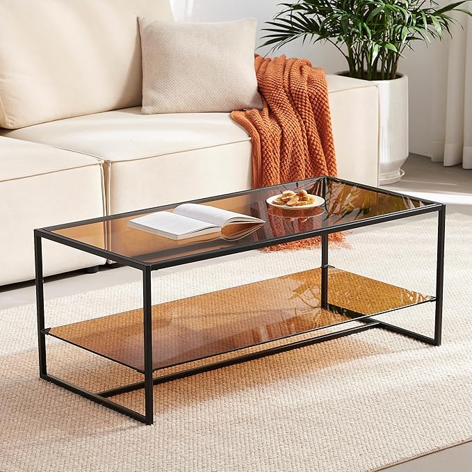 Shrine Brown Glass Coffee Table, Modern Design, Dual-Layer Coffee Table by SHRINELIGHTING