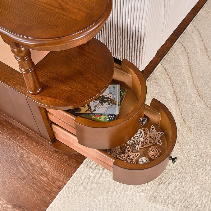 Wood End Table with 2 Drawers and Storage Shelf, Narrow Sofa Side Table - Image 3