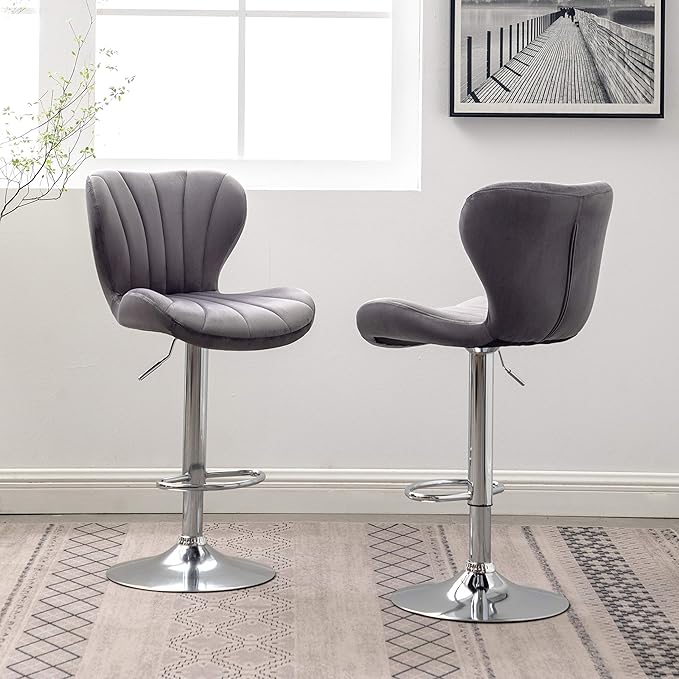Roundhill Furniture Ellston Velvet Adjustable Swivel Barstools in Gray - Image 5