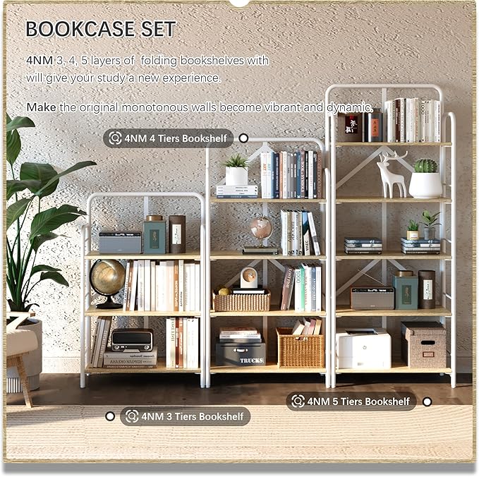 4NM No Assembly Folding Bookshelf 4 Tiers Vintage Industrial White Book Shelf - Image 6