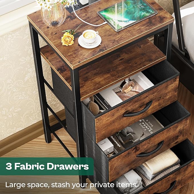 Huuger Nightstand with Charging Station, 27.6 Inch Bedside Table with Fabric - Image 7