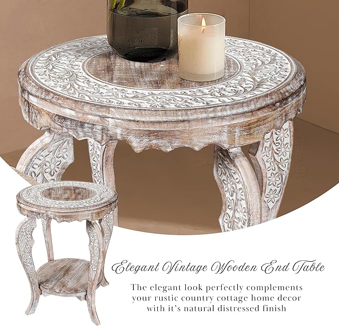The Wooden Town Farmhouse Round Accent End Table, Rustic Side Table Nightstands - Image 5