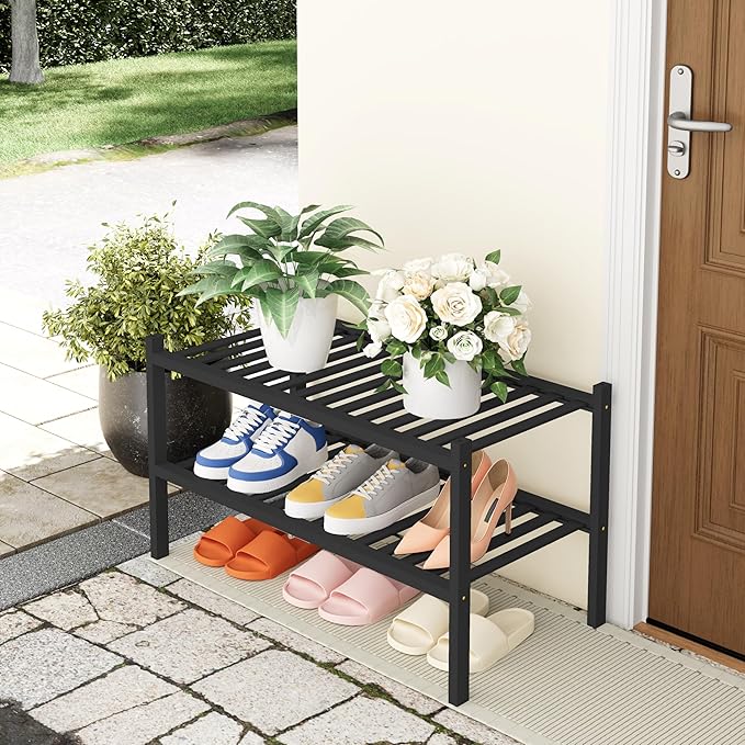 Smiry Shoe Rack, 2 Tier Thick Bamboo Shoe Organizer, Stackable Free Standing - Image 7