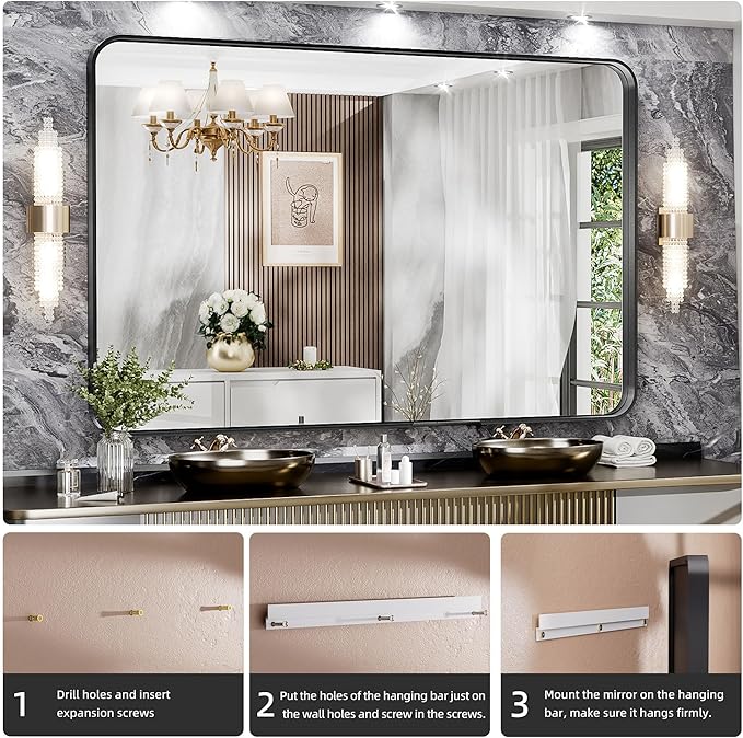 Hasipu Black Bathroom Mirror 59x39 Inch Rounded Rectangle Vanity Mirror Metal - Image 6