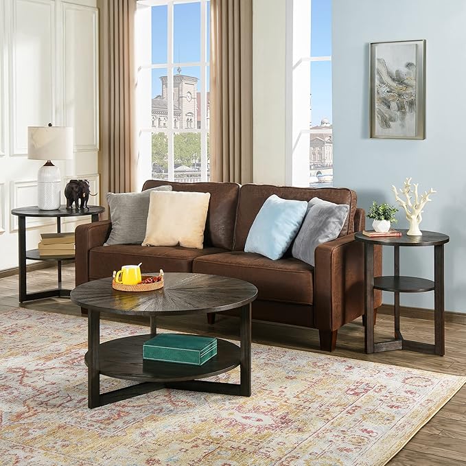 Large Round End Table with Storage Shelf, Rustic Beside Tables with Umbrella Top - Image 4