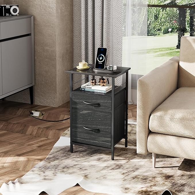 WLIVE Nightstand with Charging Station, Side Table with 2 Fabric Drawers - Image 2