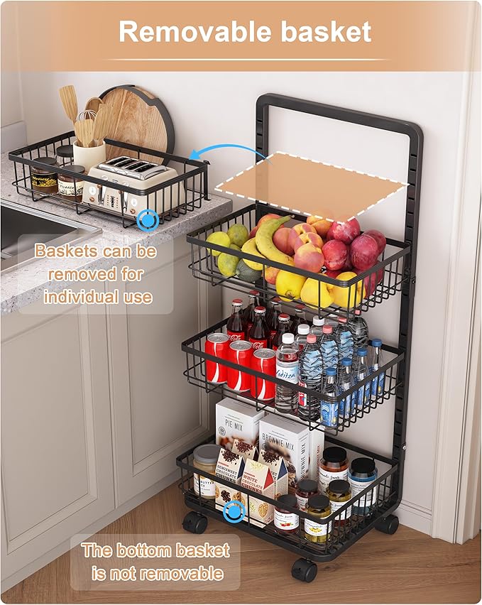 UMDONX 4-Tier Kitchen Storage Cart Metal Snack Cart Adjustable Fruit Basket on - Image 4