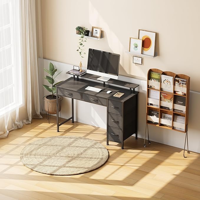 Computer Desk with 5 Drawers, Gaming Desk with LED Lights Power Outlets and - Image 2