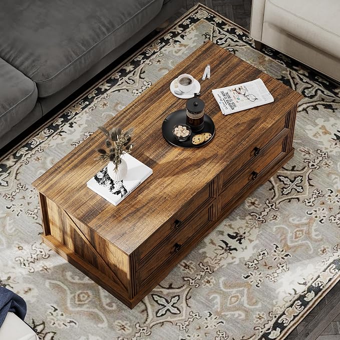 Rustic Coffee Table with Drawers 47 inch Living Room Tables with Storage - Image 8