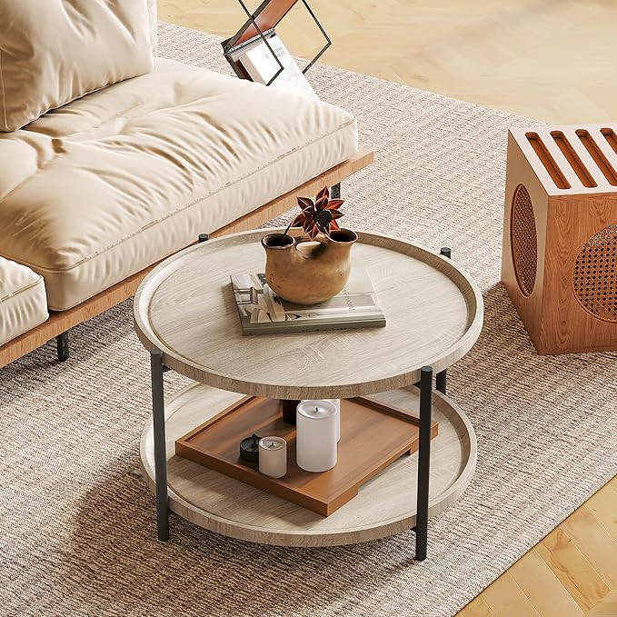 Round Coffee Table for Living Room, Rustic Wood Desktop Center Table - Image 3