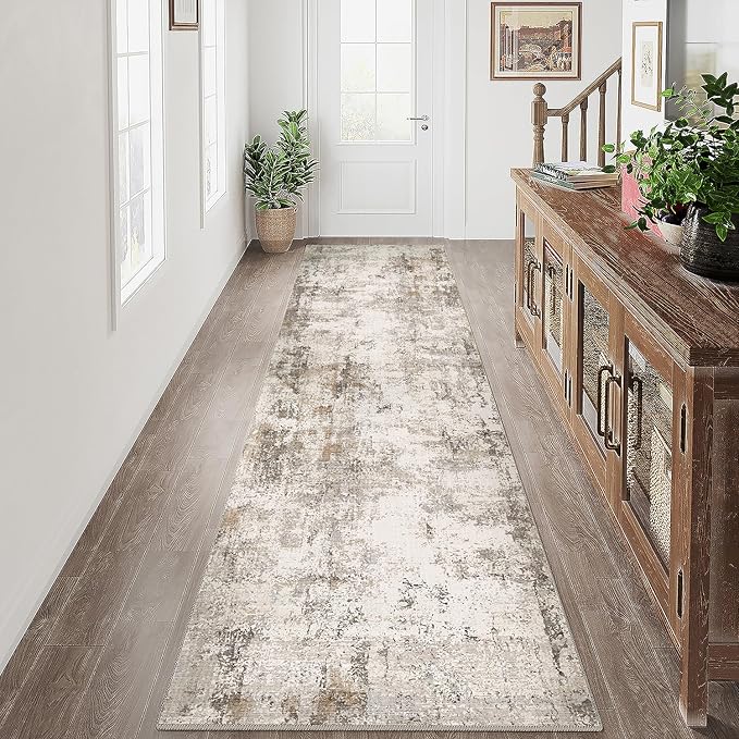 3x10 Washable Runner Rug Brown Grey Neutral Abstract Hallway Kitchen Living by WondRg