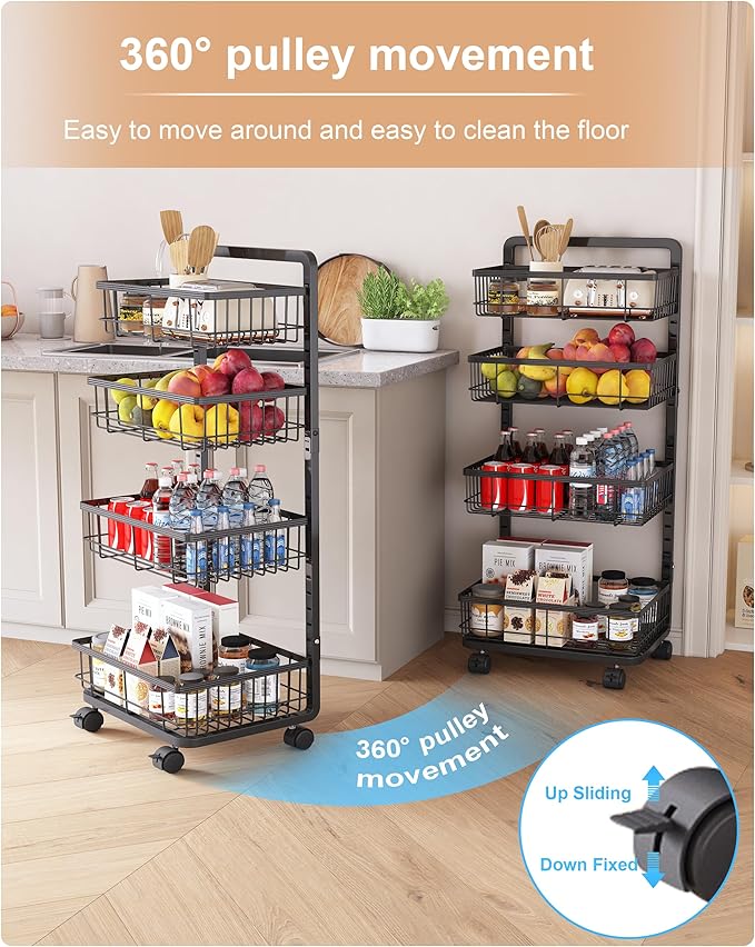 UMDONX 4-Tier Kitchen Storage Cart Metal Snack Cart Adjustable Fruit Basket on - Image 2