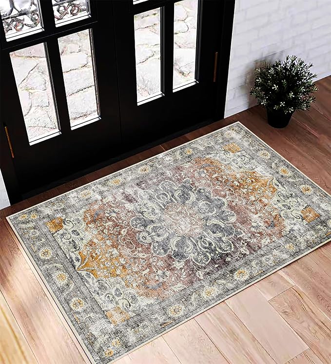 Area Rug 2x3 Washable Rug Door Mat Vintage Distressed Taupe Doormat Indoor by CHAMPLANT