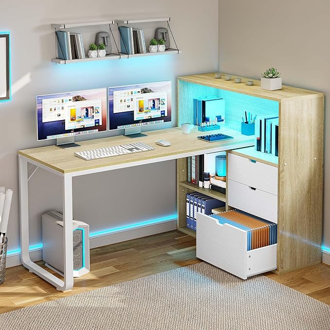 DWVO L Shaped Desk with Drawers, Home Office Desk with Storage Shelves - Image 3