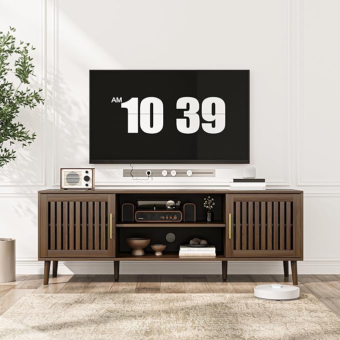 Smuxee Walnut TV Stand with Grille Striped Design, 62.99" Mid Century Modern TV - Image 2