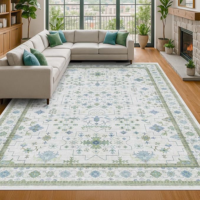 Blue and Green Living Room Rug 8x10 by HazoHaus