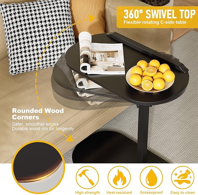 C Shaped End Side Table with Anti-Drop Rod, Adjustable Height & 360° Swivel - Image 5