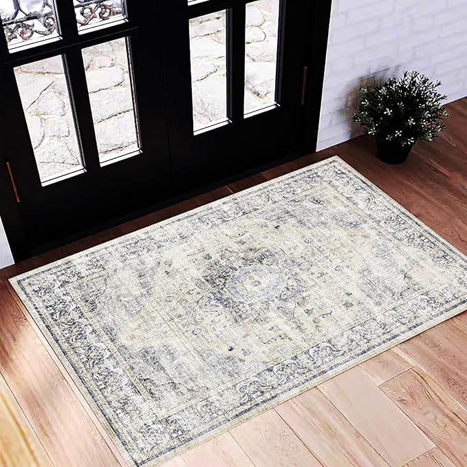 Washable Area Rug 2'x3' Floral Blue Door Mat Vintage Distressed Doormat Indoor by CHAMPLANT