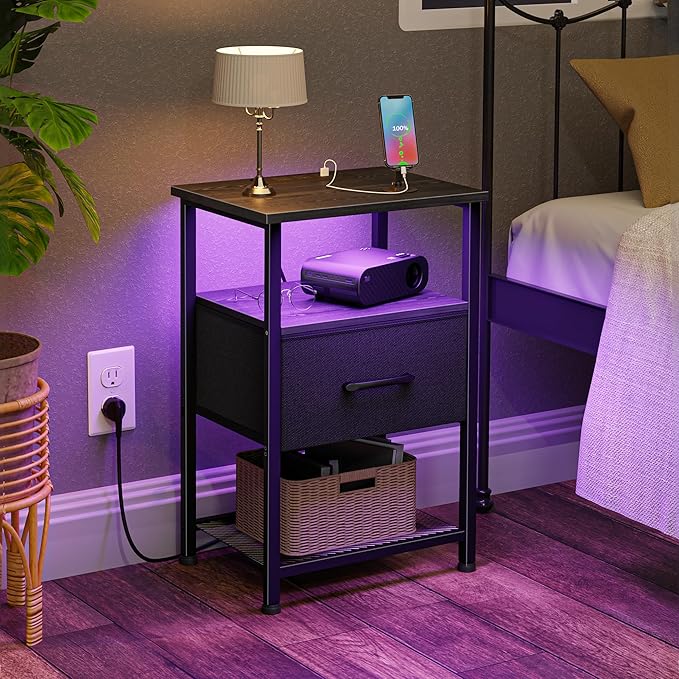 Nightstands Set of 2 with Charging Station and Drawer, End Table Bedside Table - Image 7