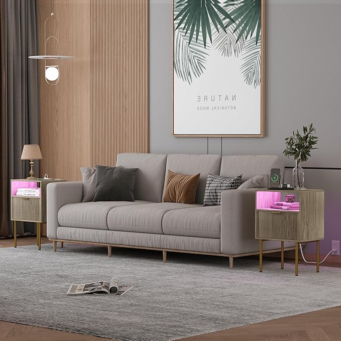 Modern Nightstand with Charging Station and LED Lights, Fluted Side Table - Image 3