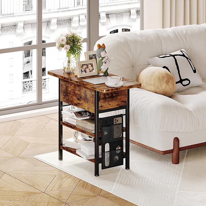 End Table with Charging Station, Flip Top Nightstand with USB Ports and Outlets - Image 5