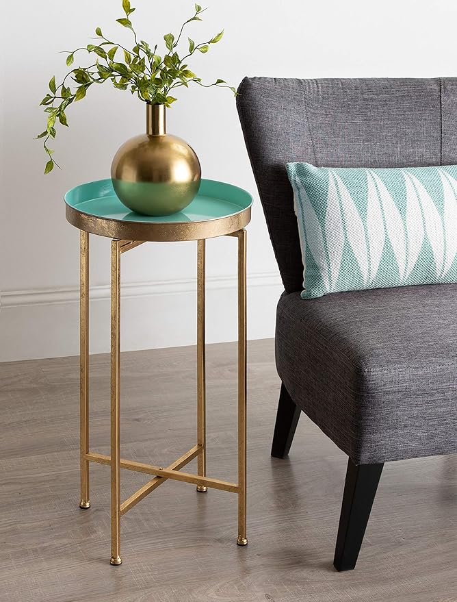 Kate and Laurel Celia Round Foldable Tray Accent Table, Light Teal and Gold - Image 2