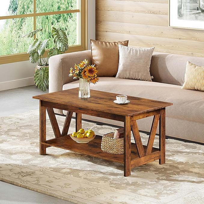 WLIVE Coffee Table with Storage Shelf, 39.4" Farmhouse Coffee Table with - Image 2