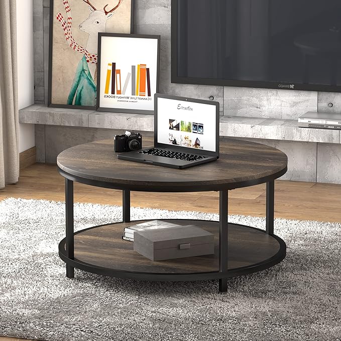 NSdirect 36 inches Round Coffee Table, Rustic Wooden Surface Top & Sturdy Metal - Image 3