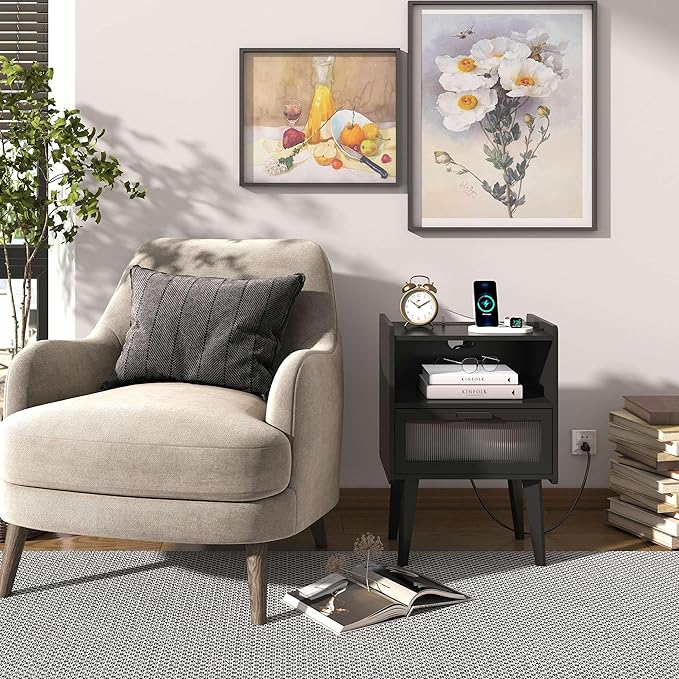Nightstand with Charging Station, Bedside Tables Set of 2, End Table Side Table - Image 8